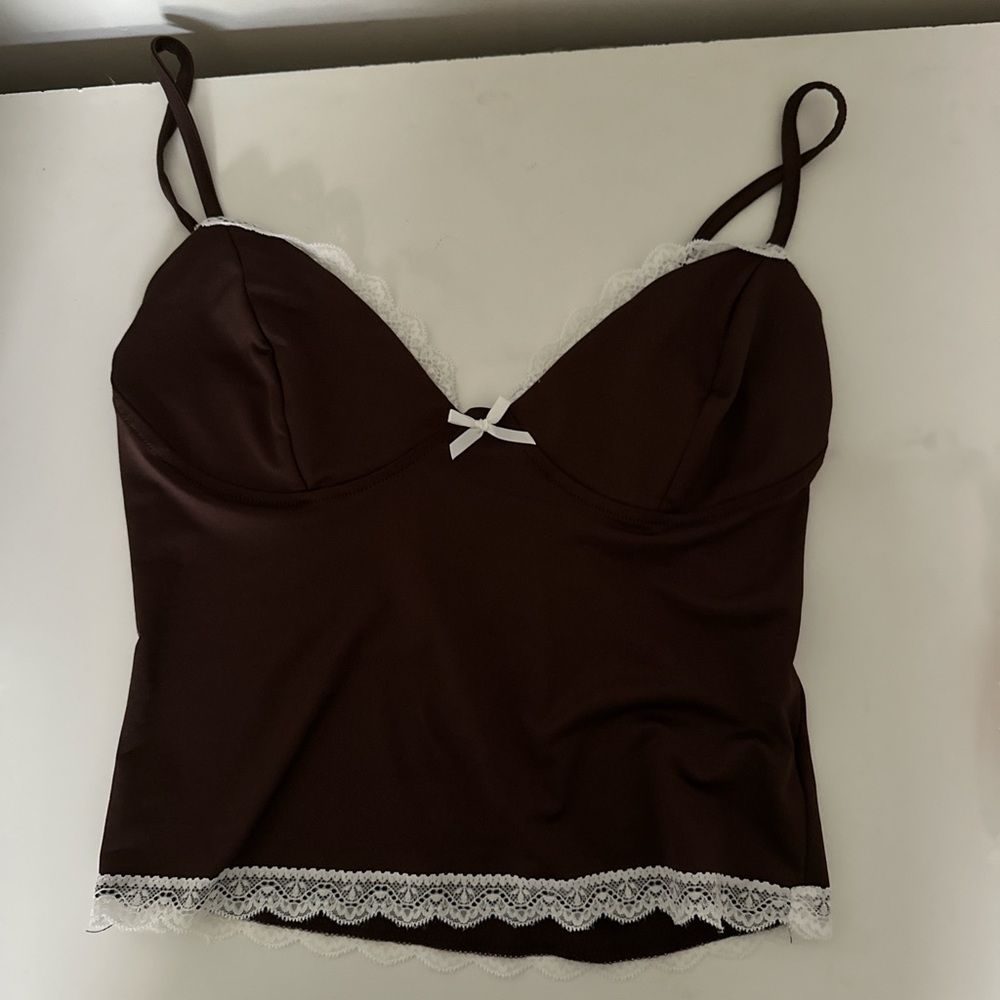 Amazon Brown Crop Top with White Lace Trim
